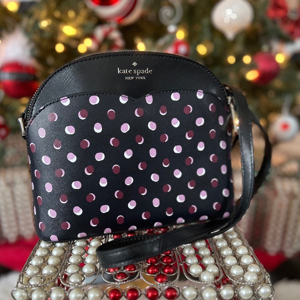 Kate Spade Payton Dome Crossbody Lavender Burgundy Dots  Half Heart Shape Pocket